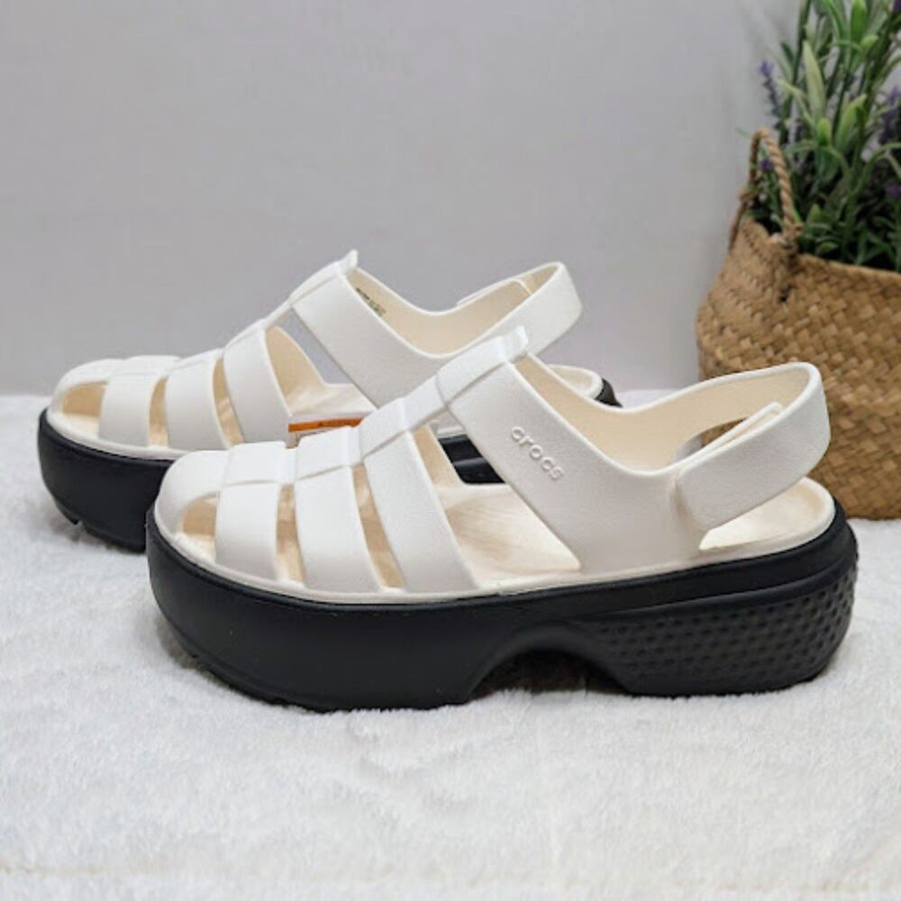CROCS Stomp Black & White Fisherman Chunky Platform Sandals Women's 10 NWT - Picture 3 of 12
